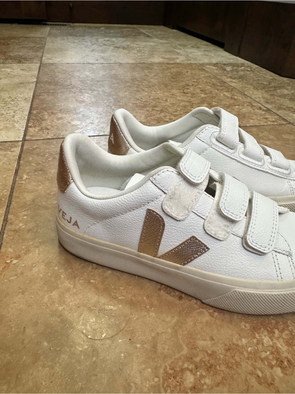 Veja Kids White Sneakers with Rose Gold V Accent - Velcro Straps